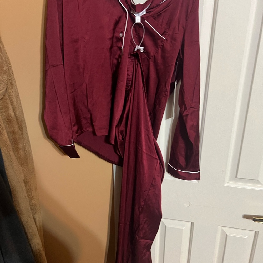 Rachel Zoe Satin Pajama Set in Burgundy with White Piping